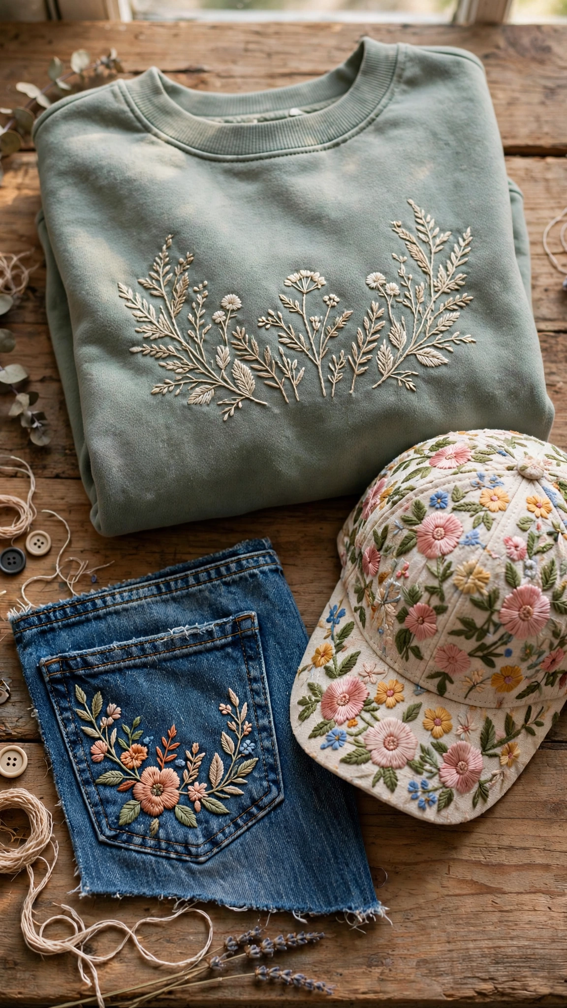 Photorealistic flat lay of embroidered clothing items: a stitched sweatshirt, embroidered jeans pocket, and a floral cap, styled on a wooden surface, portrait orientation, vertical 9:16, no text