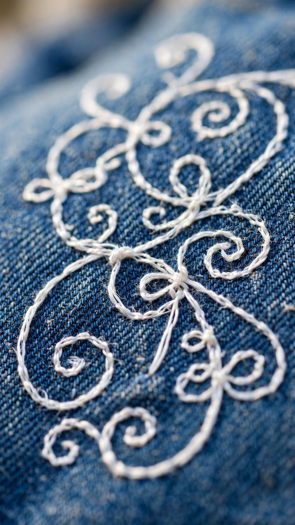 Photorealistic macro of embroidered stitches on denim fabric showing neat backstitch lettering in white floss, shallow depth of field, daylight, portrait orientation, vertical 9:16, no text