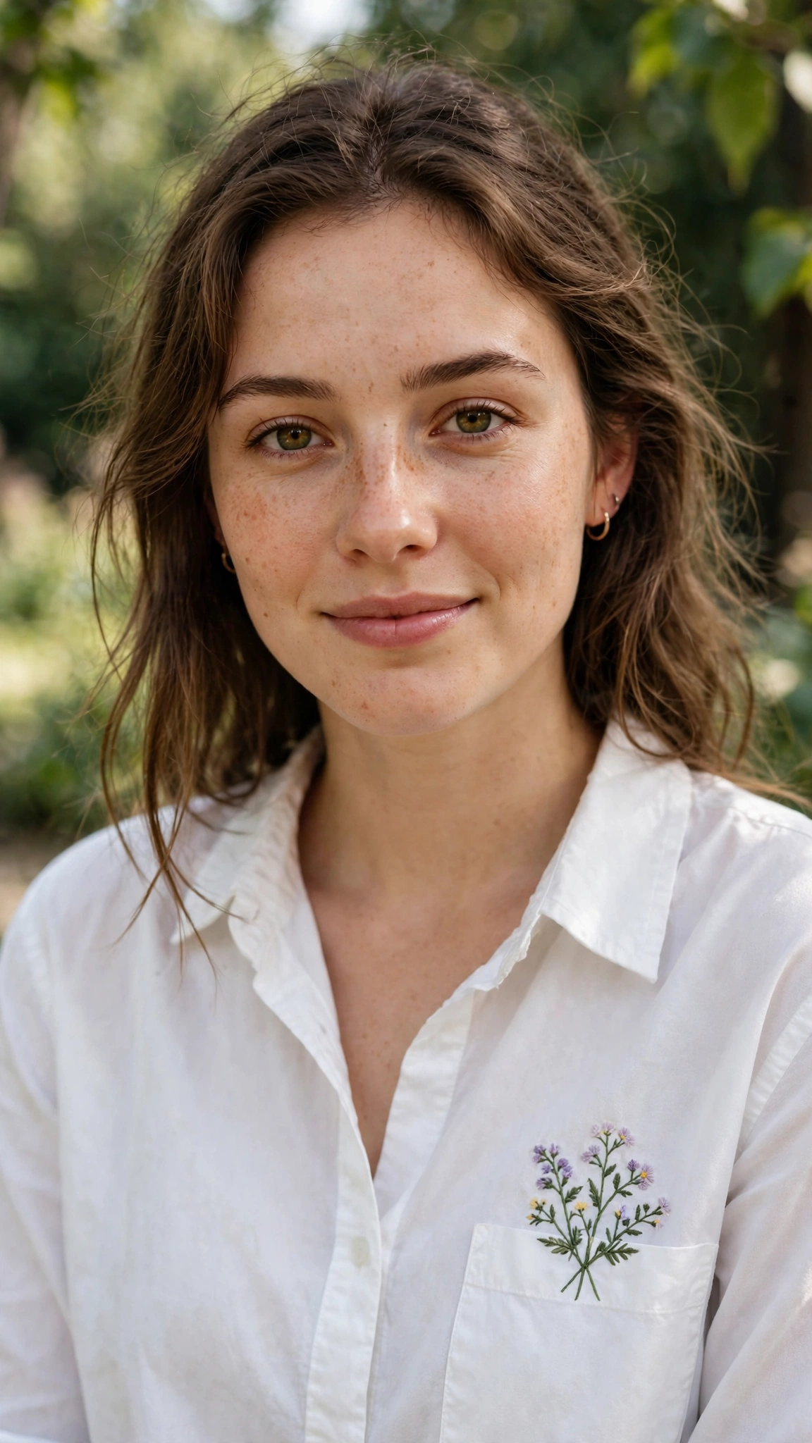 Photorealistic person wearing a white shirt with a small embroidered wildflower on the chest pocket, casual style, natural light, portrait orientation, vertical 9:16, no text