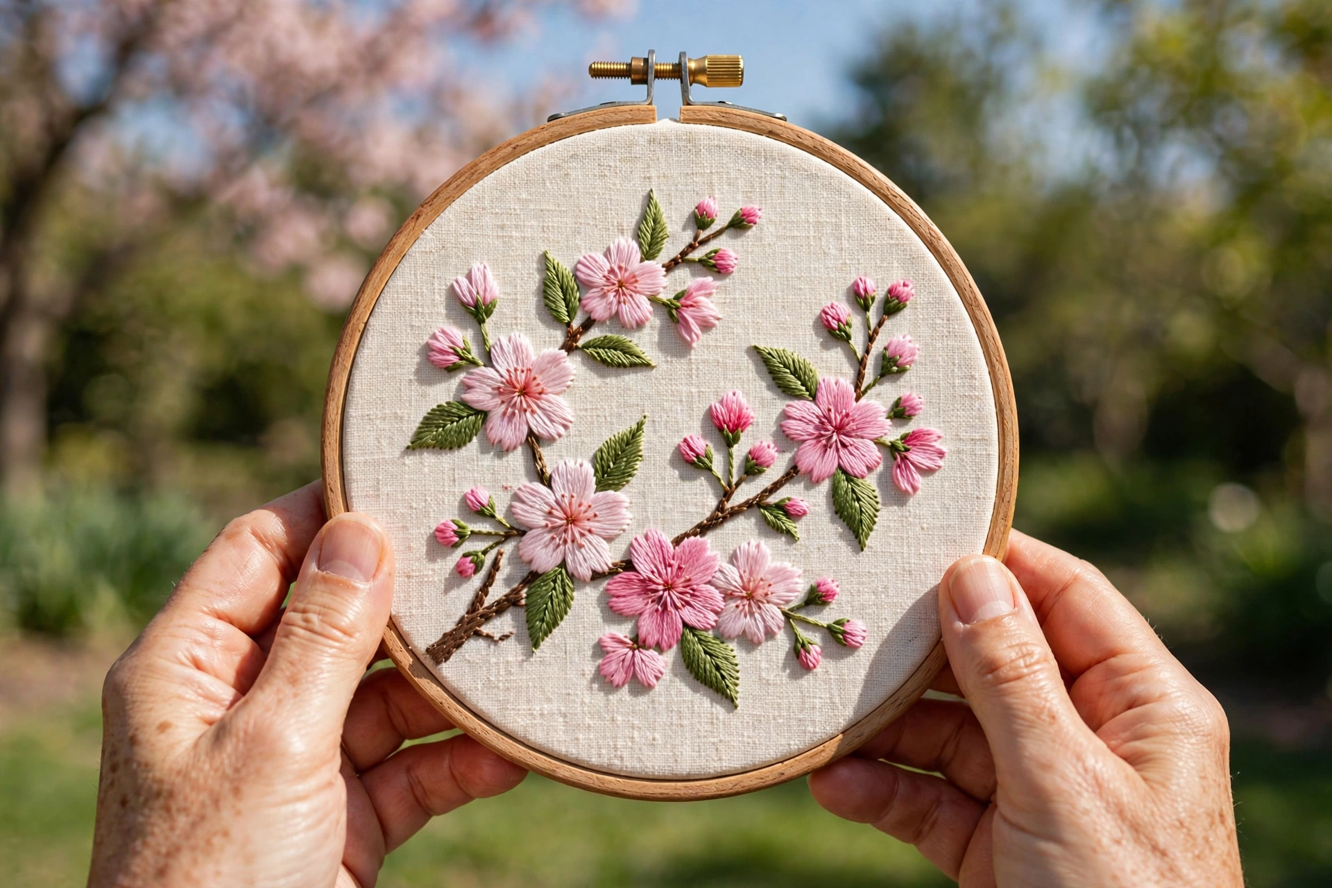 Photorealistic spring embroidery hoop with cherry blossoms in pink floss and green leaves on cream linen, held in hands, bright daylight, landscape orientation, no text