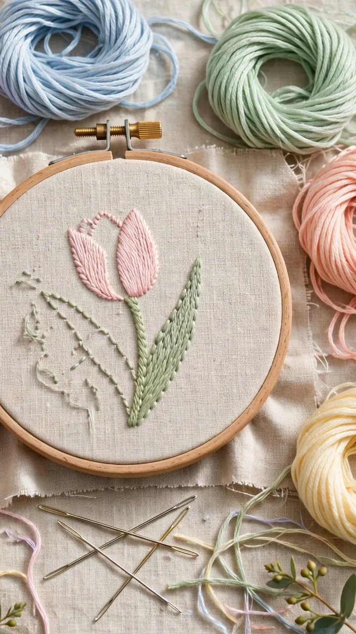 Photorealistic flat lay of spring-themed embroidery supplies: pastel DMC floss skeins, a hoop with a half-finished tulip design, needles, fresh tulips beside, natural light, landscape orientation, no text