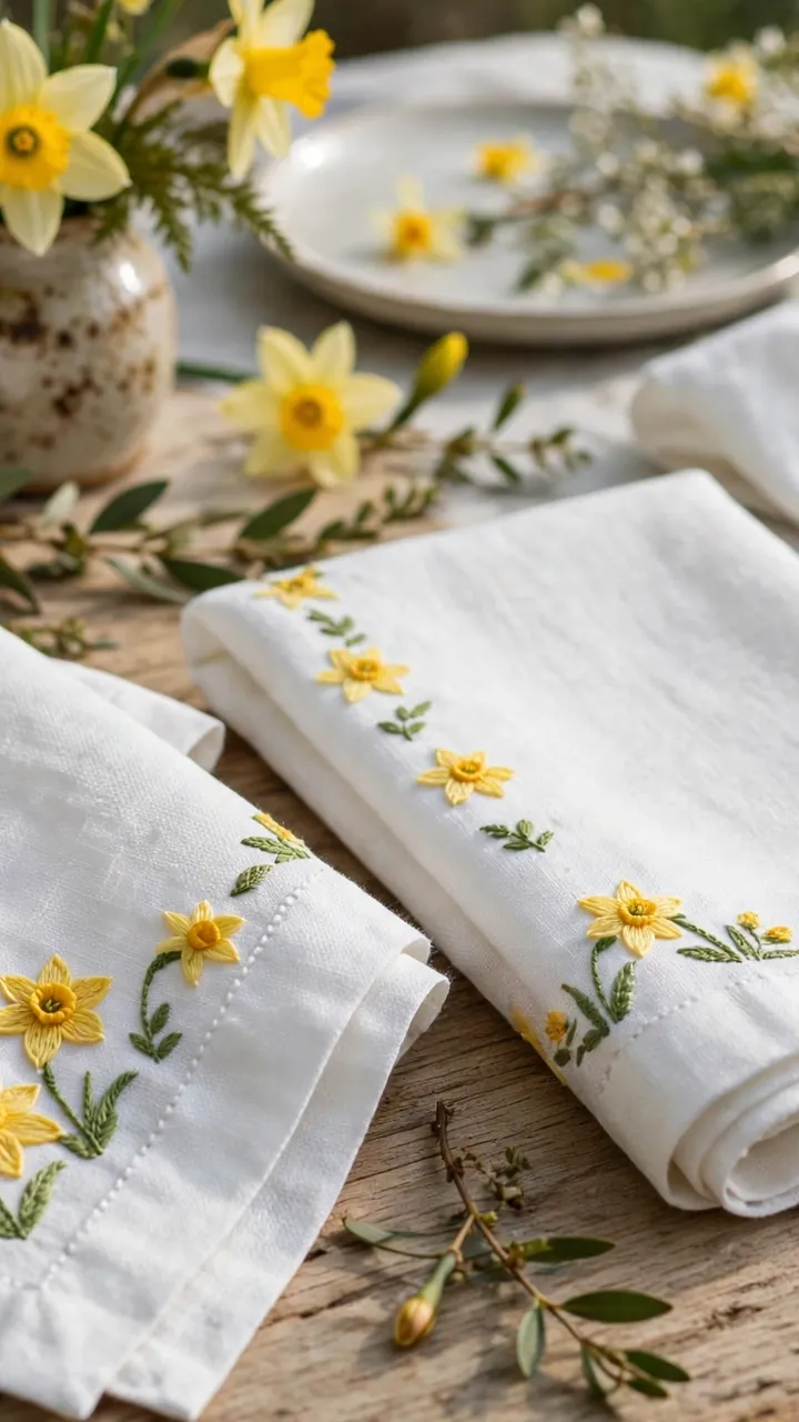 Photorealistic embroidered table napkins with small daffodil motifs in yellow floss on white linen, styled on a spring table setting, landscape orientation, no text