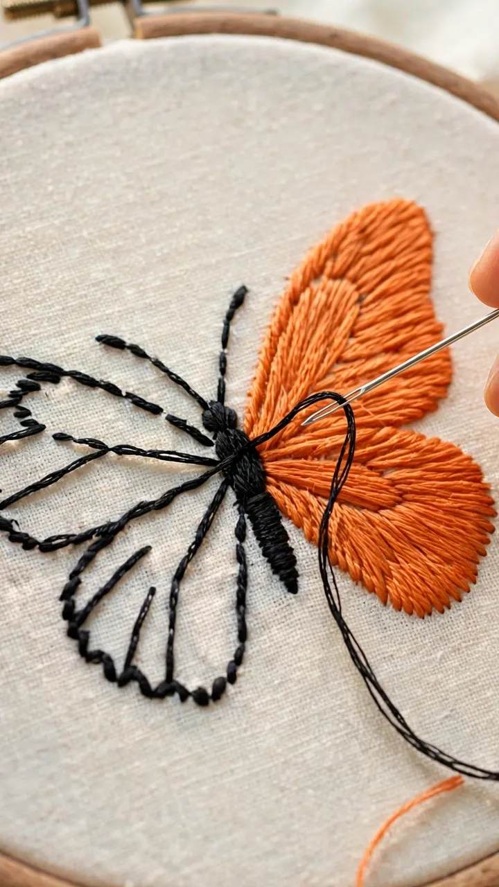 Photorealistic close-up of hands stitching a butterfly in satin stitch with orange and black floss on cream fabric, needle mid-stitch, daylight, landscape orientation, no text