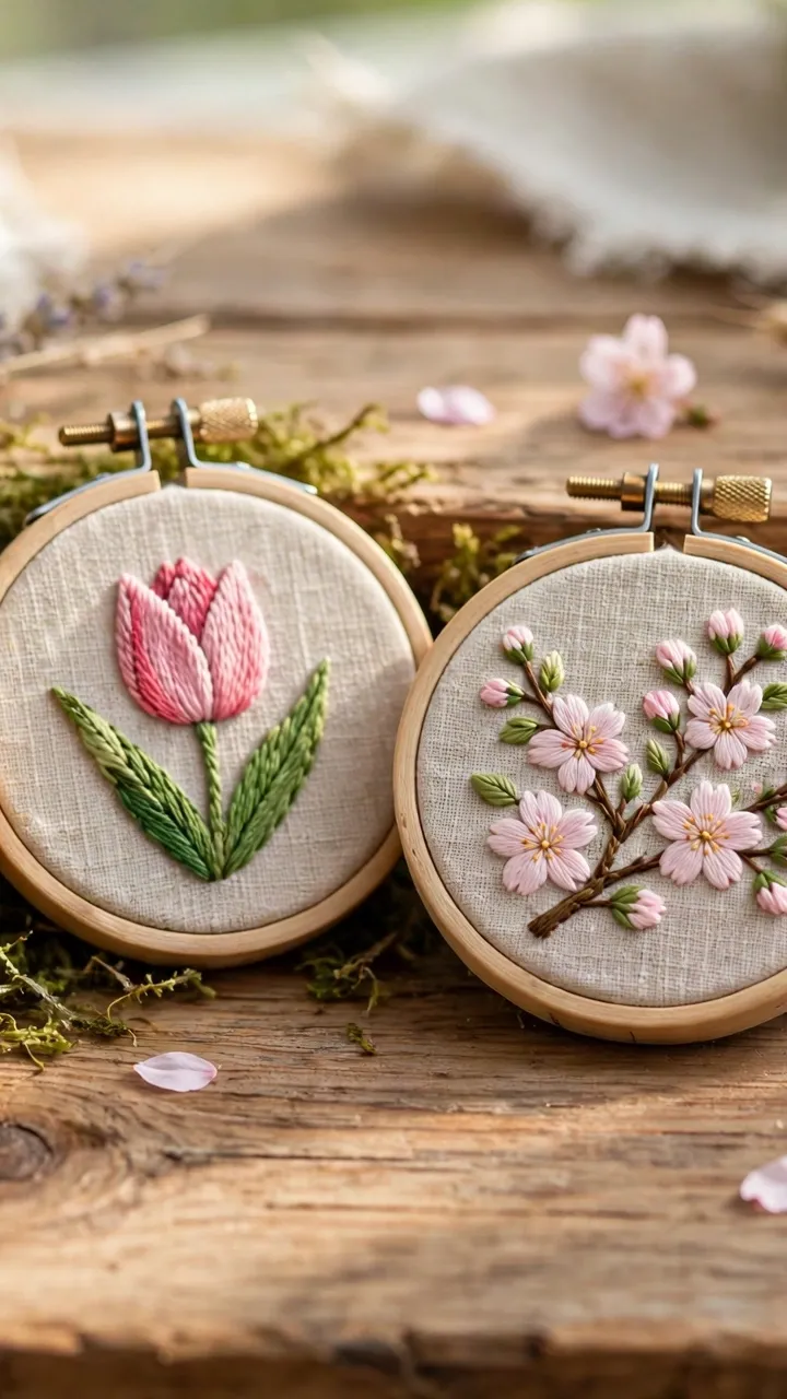 Photorealistic collection of small finished spring hoops: daffodil, tulip, cherry blossom, and bird designs, arranged on a wooden table, bright natural light, landscape orientation, no text