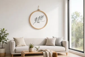 Photorealistic modern living room with a single minimalist embroidery hoop showing one thin botanical line drawing in black floss, white wall, daylight, landscape orientation, no text