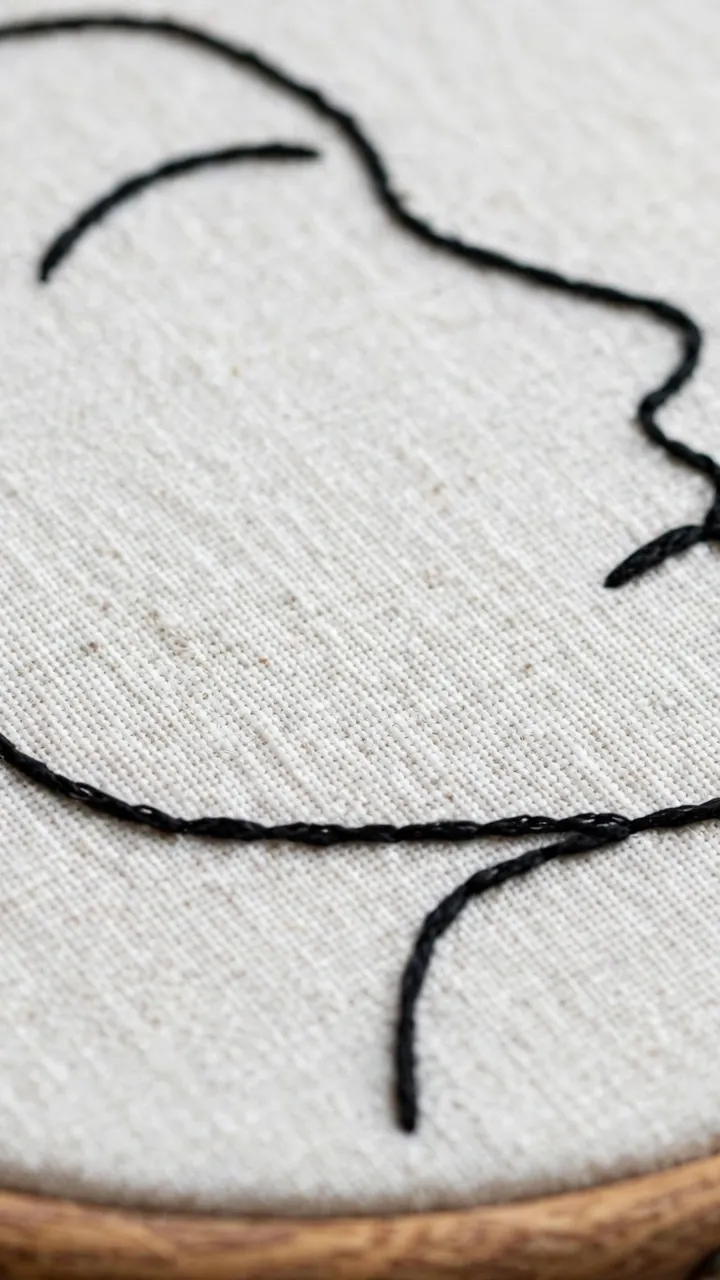 Photorealistic close-up of a minimalist single-line embroidered face profile in black floss on white linen in a wooden hoop, macro detail, landscape orientation, no text