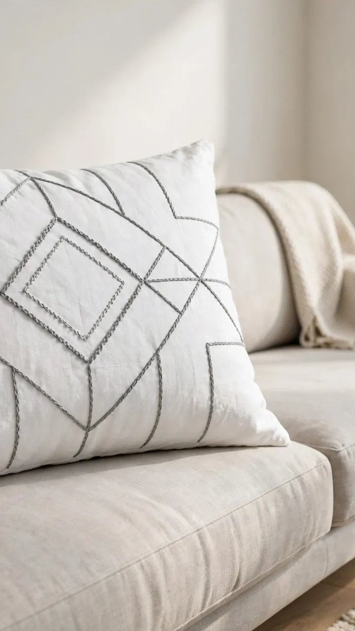Photorealistic minimalist embroidered cushion with a simple geometric line pattern in gray floss on white fabric, modern sofa, natural light, landscape orientation, no text