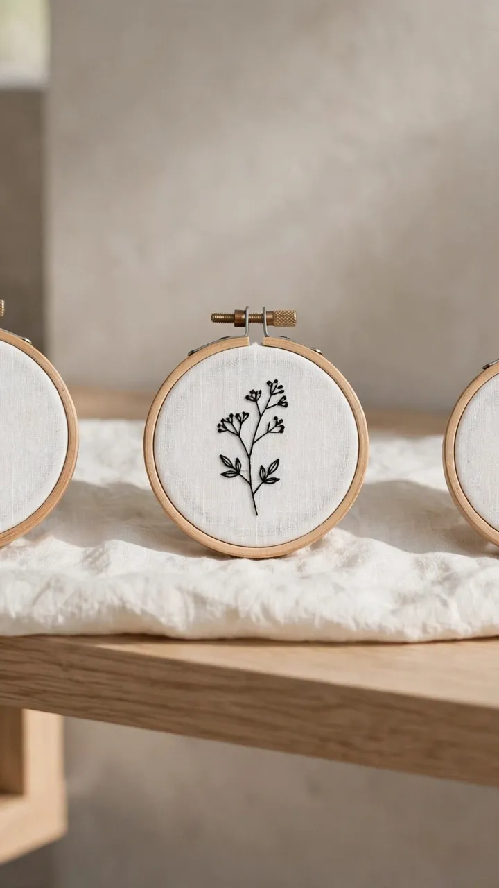Photorealistic trio of small minimalist hoops with single botanical stems in black floss on white linen, styled on a modern shelf, landscape orientation, no text