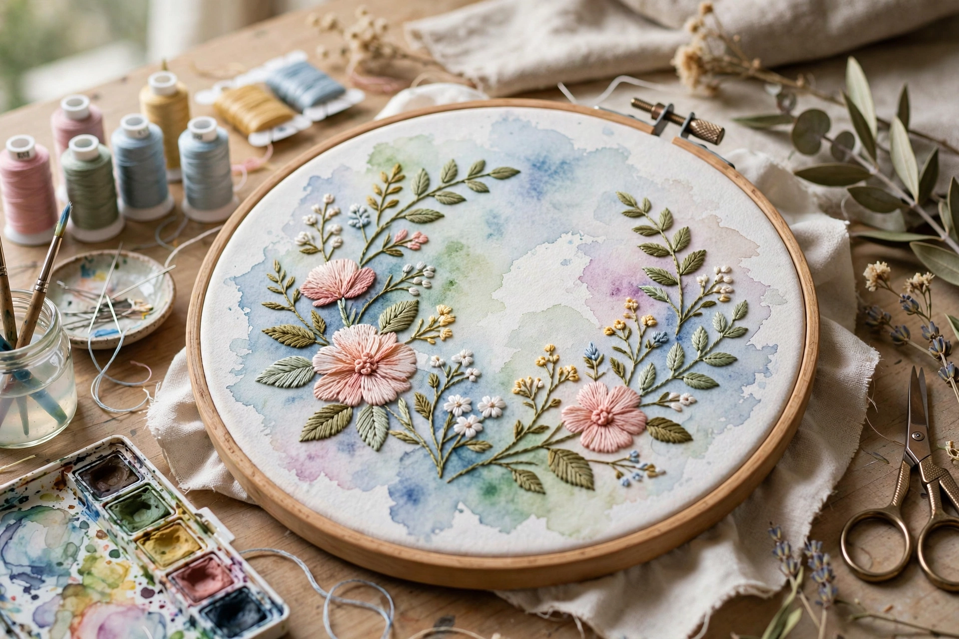 Photorealistic embroidery hoop with watercolor painted background and stitched floral details over the paint, craft table, natural light, landscape orientation, no text
