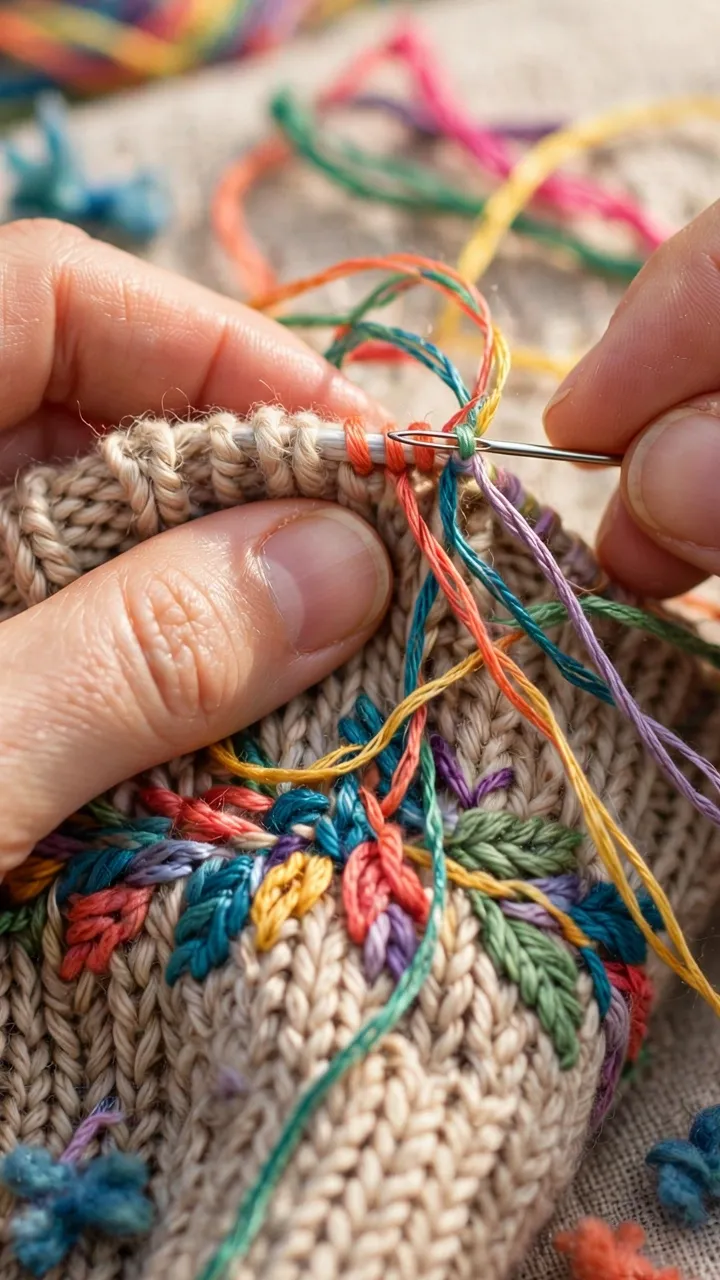 Photorealistic close-up of hands stitching embroidery onto a knitted sweater cuff, colorful yarn and floss together, daylight, landscape orientation, no text