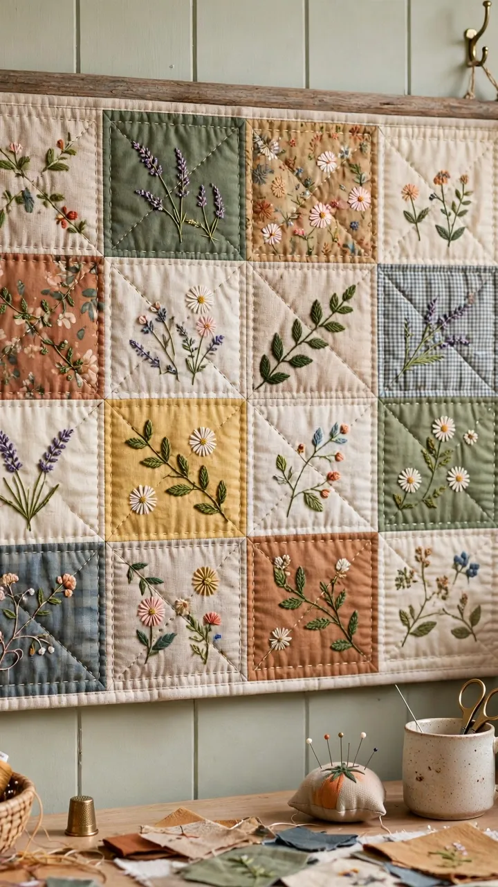 Photorealistic quilted wall hanging with embroidered details stitched over patchwork squares, cozy craft room, landscape orientation, no text
