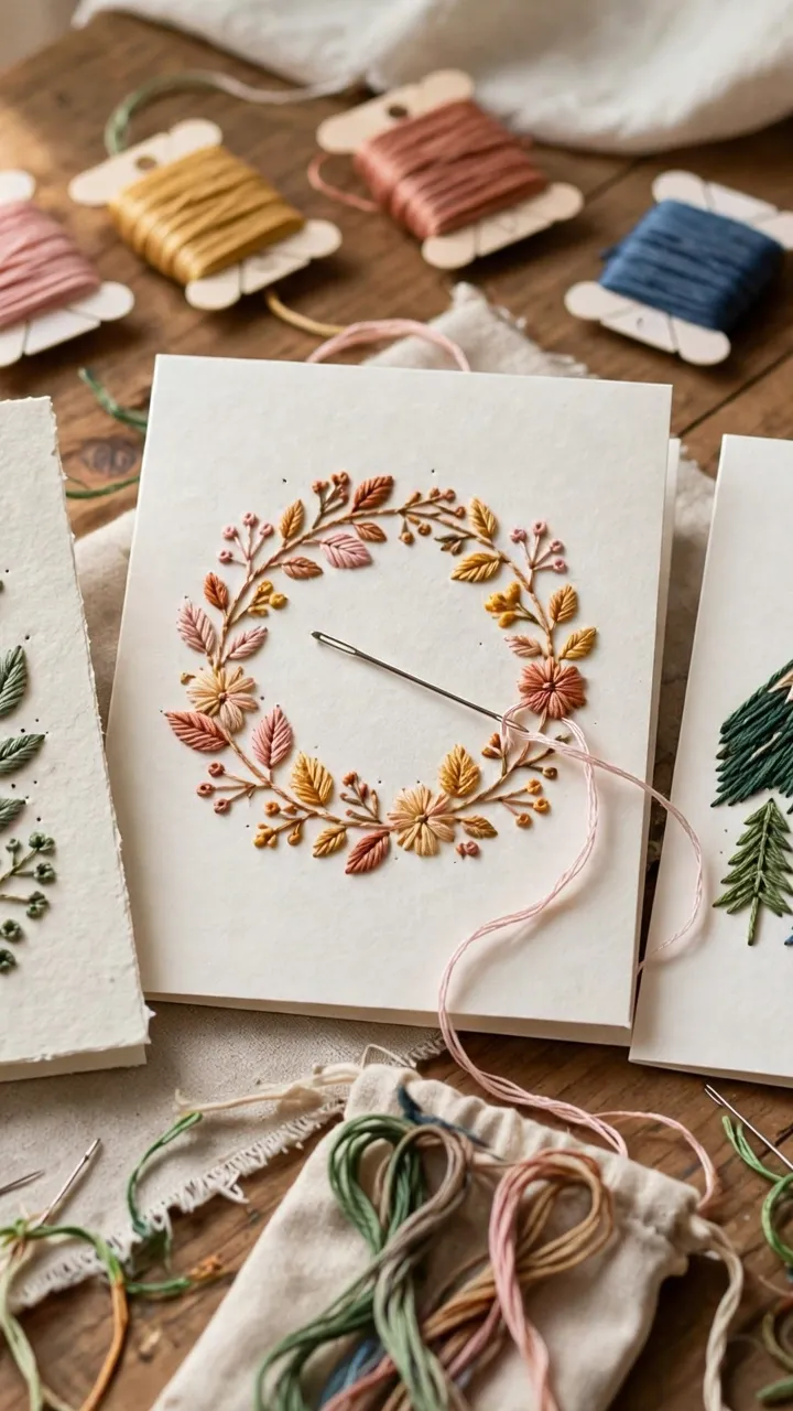 Photorealistic paper embroidery: stitched patterns on thick cardstock greeting cards with needle and floss, craft table, daylight, landscape orientation, no text
