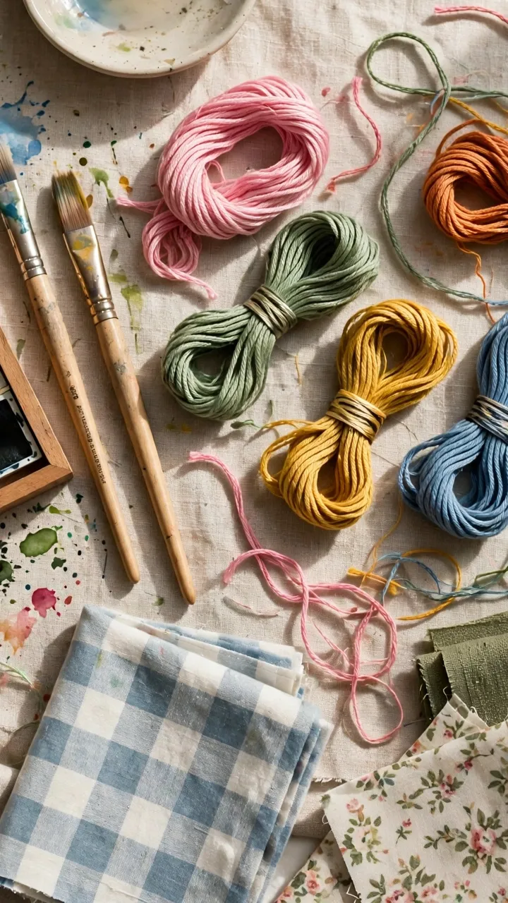 Photorealistic flat lay of mixed craft supplies: watercolor paints, embroidery floss, knitting needles, fabric scraps arranged together, natural light, landscape orientation, no text