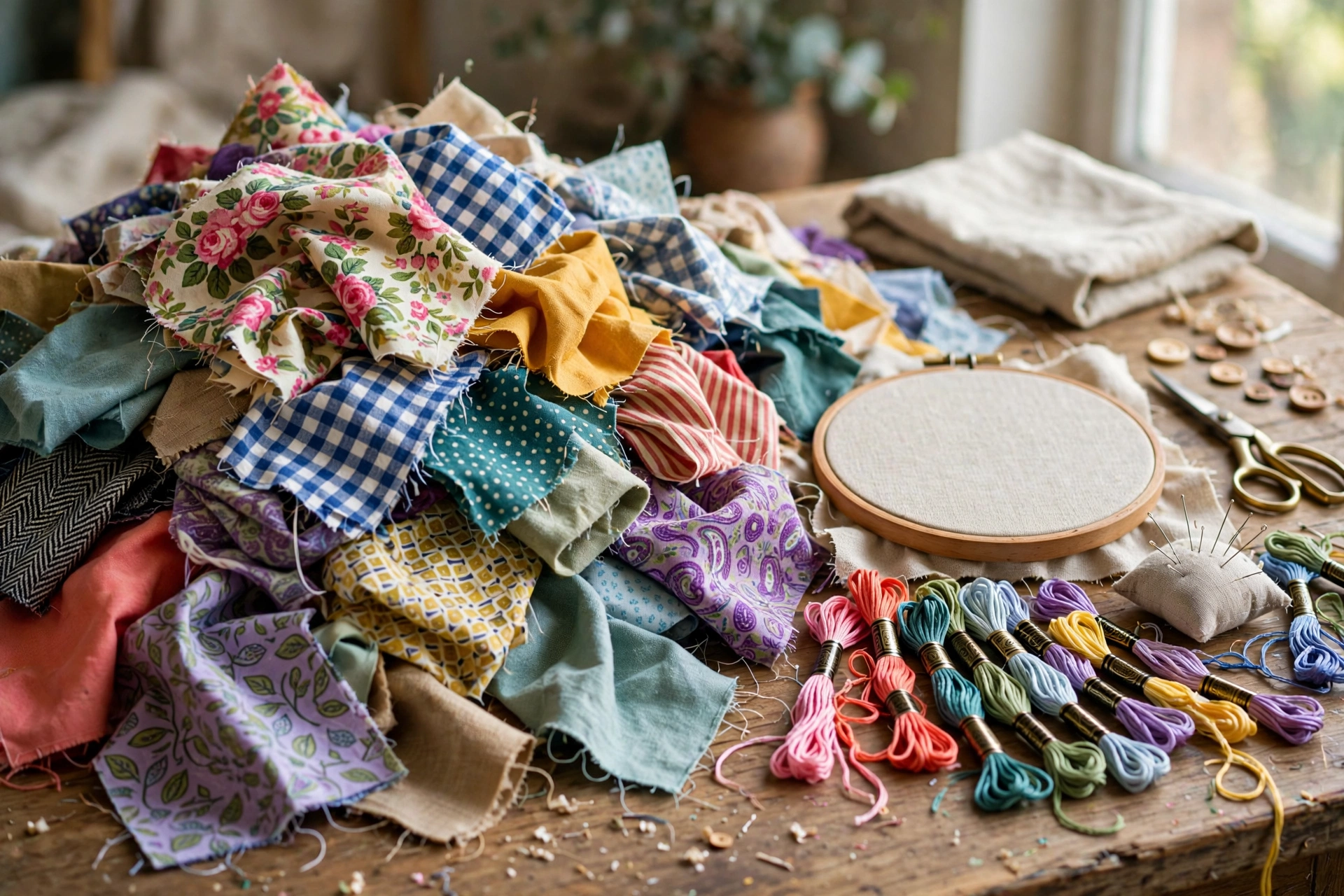 Photorealistic colorful pile of fabric scraps in various patterns and solids on a craft table, with embroidery hoop and floss nearby, natural light, landscape orientation, no text