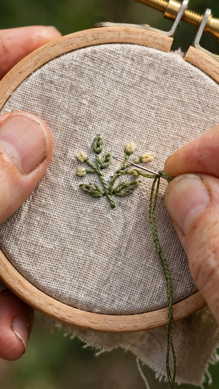 Photorealistic close-up of hands stitching a small motif on a tiny fabric scrap held in a 3-inch wooden hoop, needle mid-stitch, daylight, landscape orientation, no text