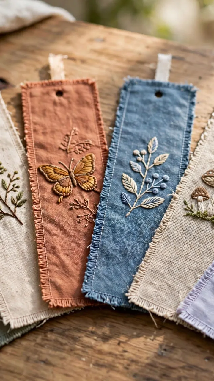 Photorealistic finished fabric scrap bookmarks with embroidered designs, fanned out on a wooden table, bright natural light, landscape orientation, no text