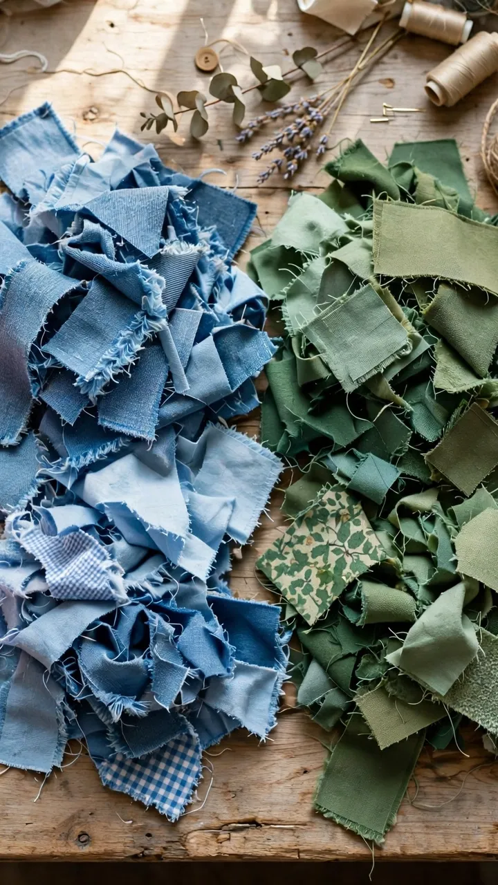 Photorealistic flat lay of sorted fabric scraps organized by color in small piles: pinks, blues, greens, neutrals, craft room, daylight, landscape orientation, no text