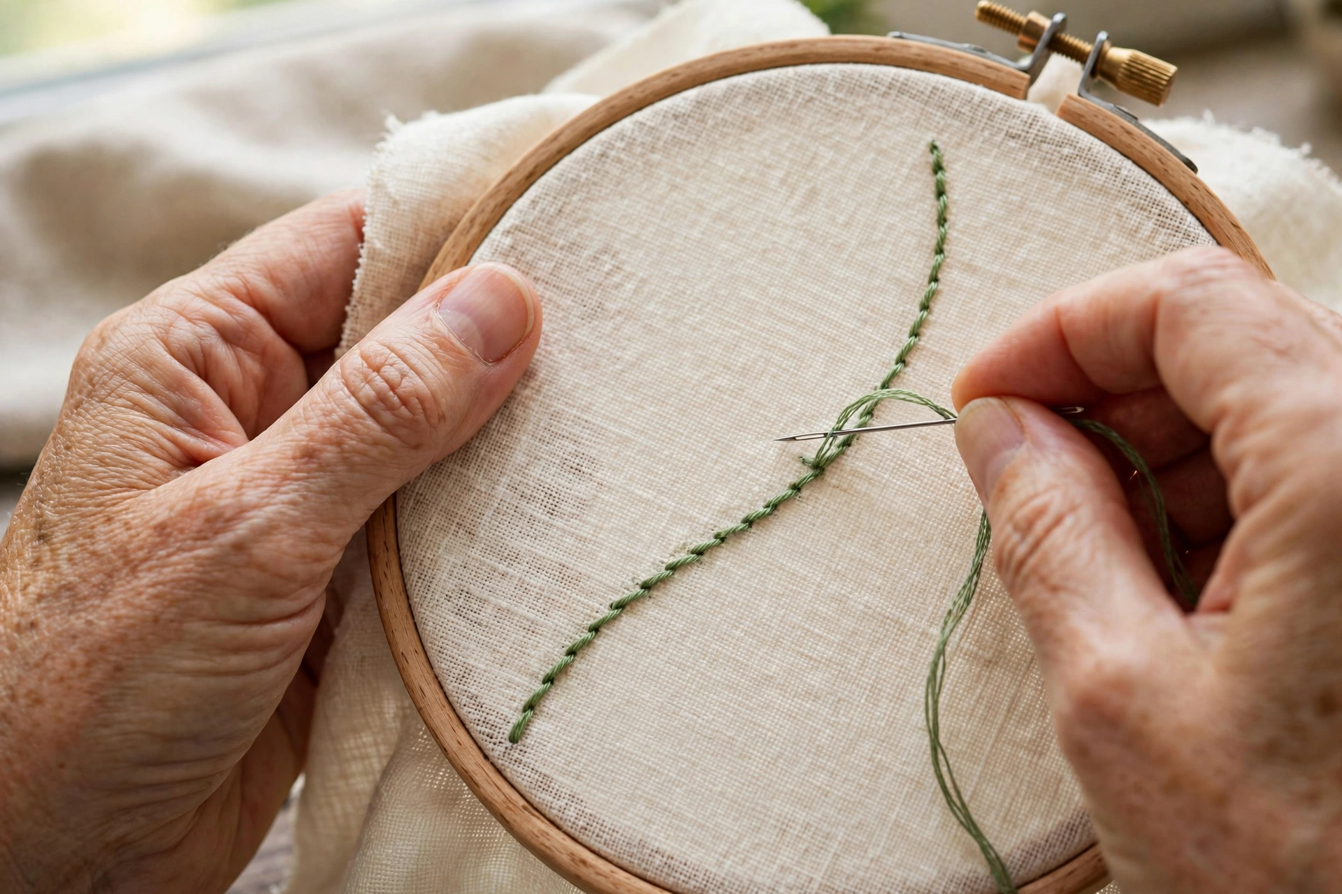 Photorealistic close-up of hands stitching a smooth curved stem-stitch line on cream linen in a wooden embroidery hoop, needle mid-stitch, natural light, landscape orientation, no text