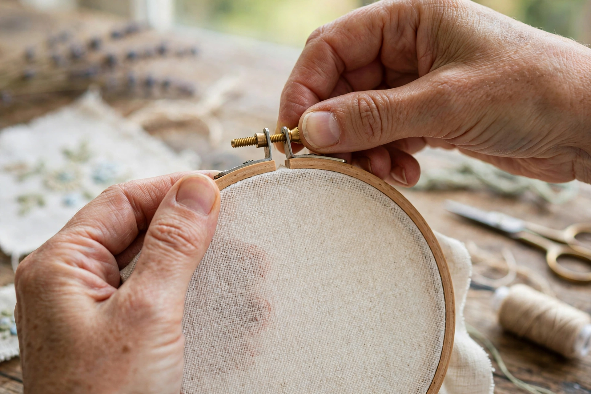 Photorealistic close-up of hands tightening a wooden embroidery hoop with fabric pulled drum-tight, craft table, daylight, landscape orientation, no text