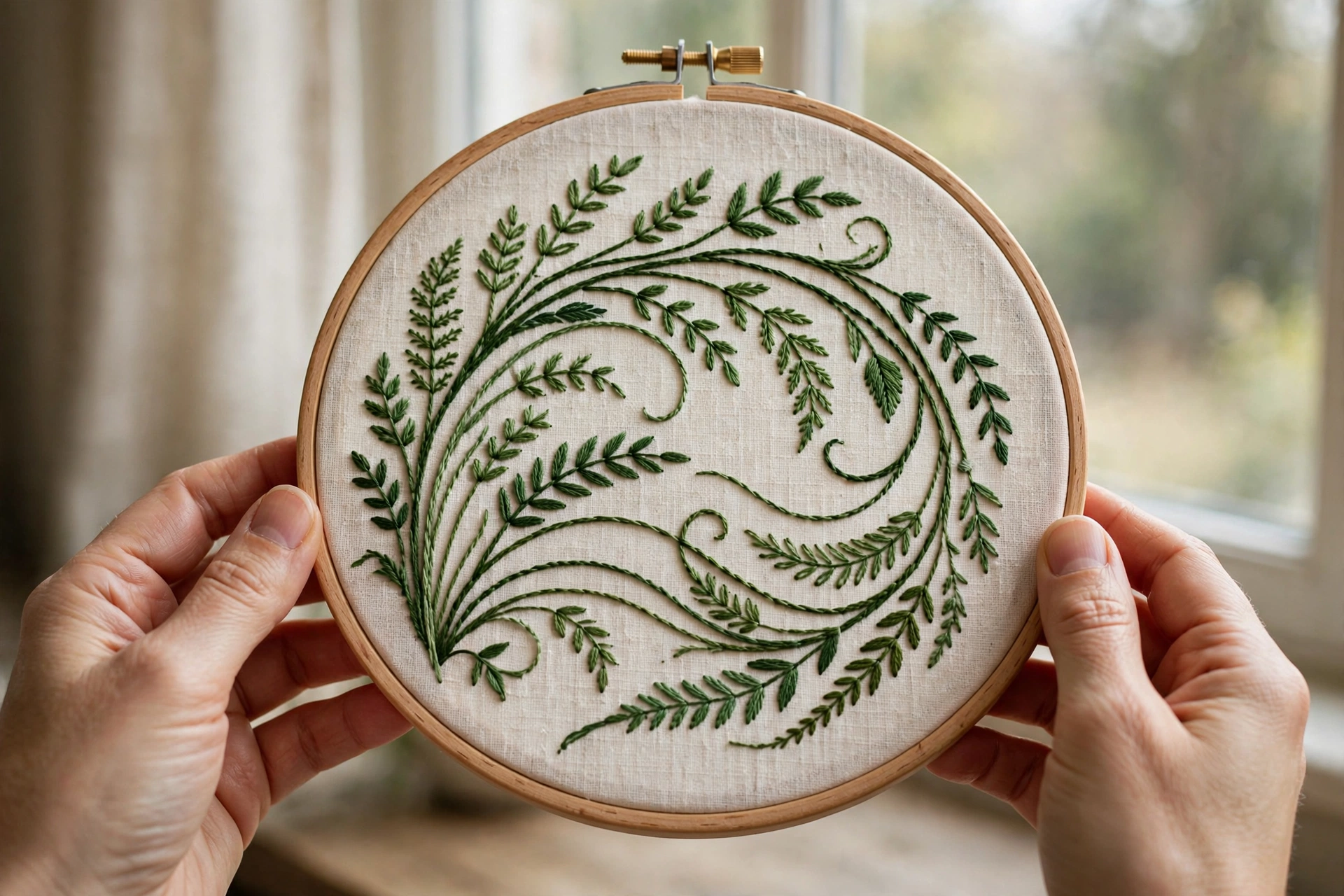 Photorealistic finished embroidery hoop with flowing curved botanical stems in green floss, held in hands, natural window light, landscape orientation, no text