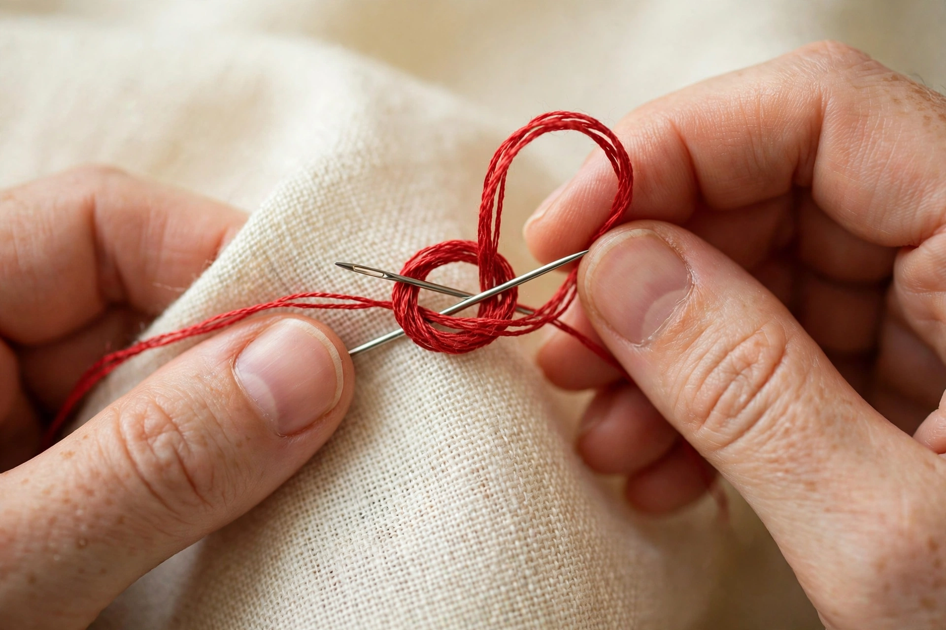 Photorealistic extreme close-up of hands forming a colonial knot with a figure-eight loop around a needle, red floss on cream linen, shallow depth of field, landscape orientation, no text