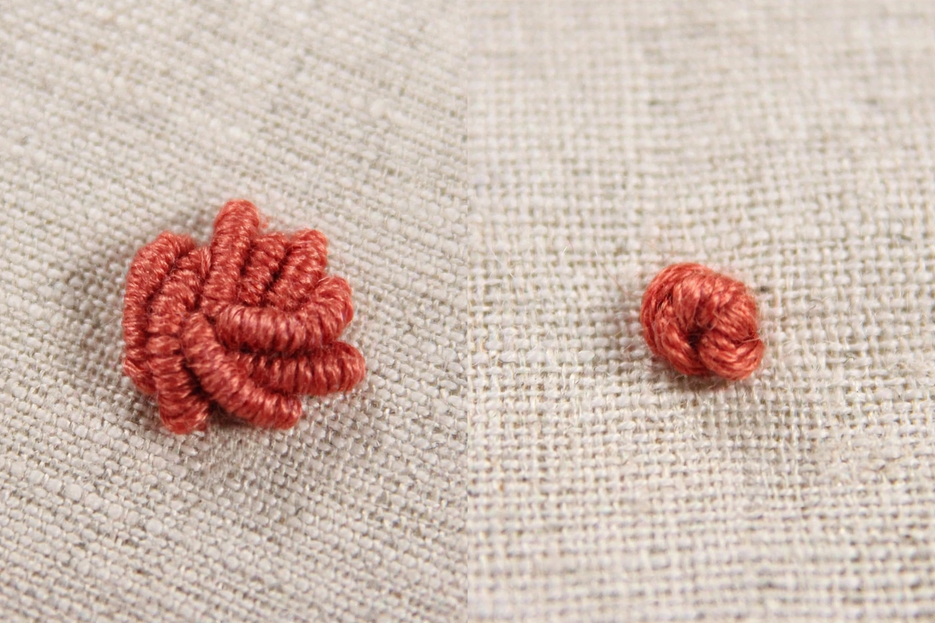 Photorealistic side-by-side macro comparison of a colonial knot and a french knot in red floss on white linen, crisp detail, landscape orientation, no text
