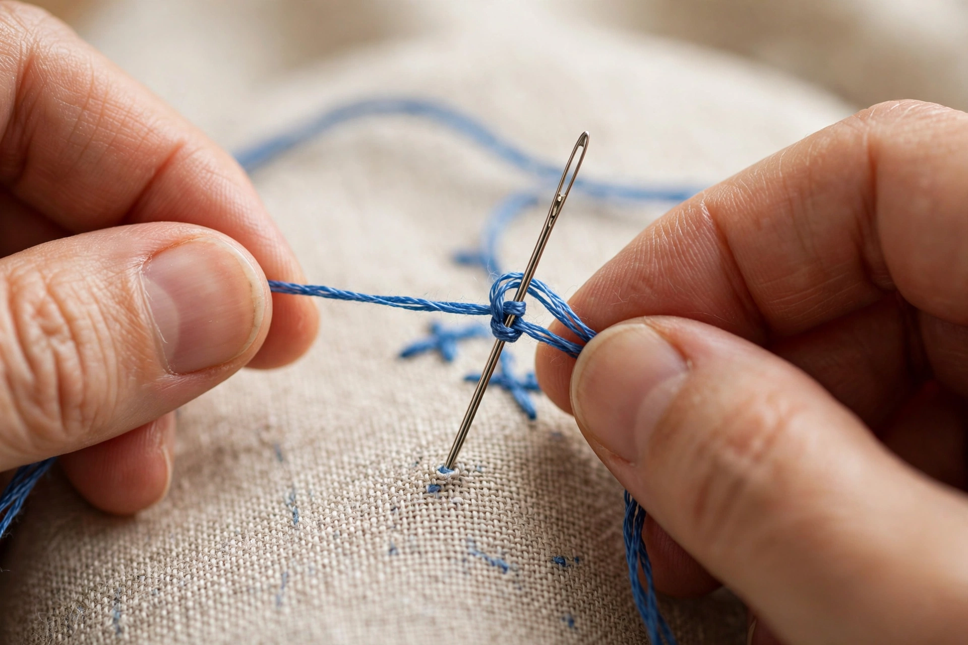 Photorealistic close-up of fingers holding working thread taut while setting a tiny french knot, blue floss, shallow depth of field, landscape orientation, no text