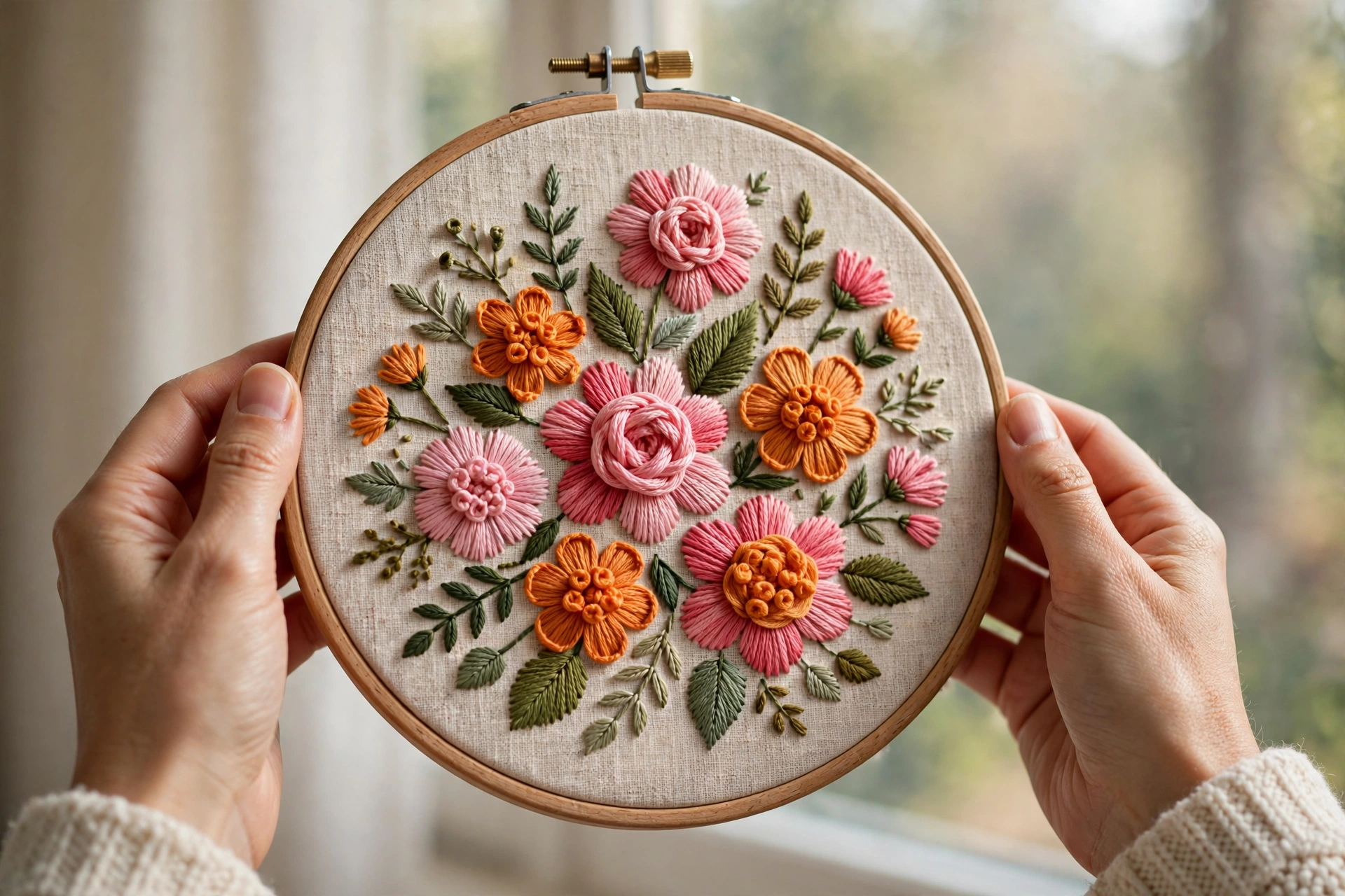 Photorealistic finished floral embroidery hoop with raised colonial knot flower centers in pink and orange, held in hands, natural window light, landscape orientation, no text
