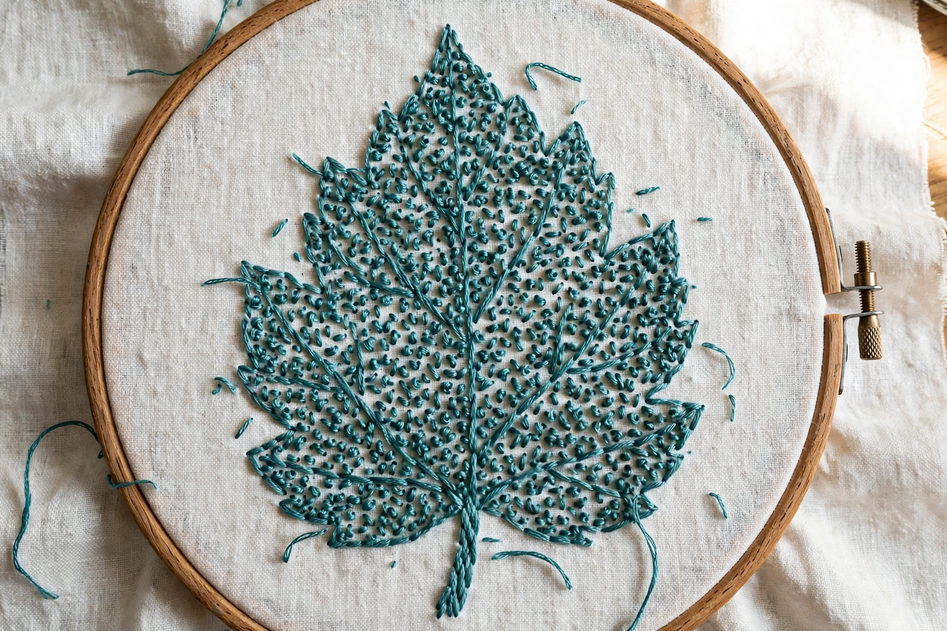 Photorealistic overhead view of a large leaf filled with scattered seed stitch in teal floss on white linen inside an embroidery hoop, daylight, landscape orientation, no text