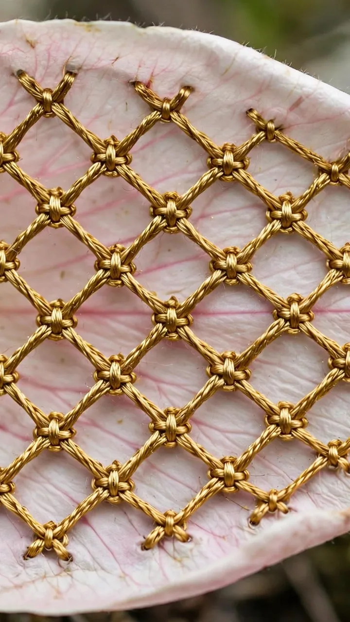 Photorealistic close-up of open trellis lattice filling with couched threads on a large petal shape, gold floss, macro detail, landscape orientation, no text