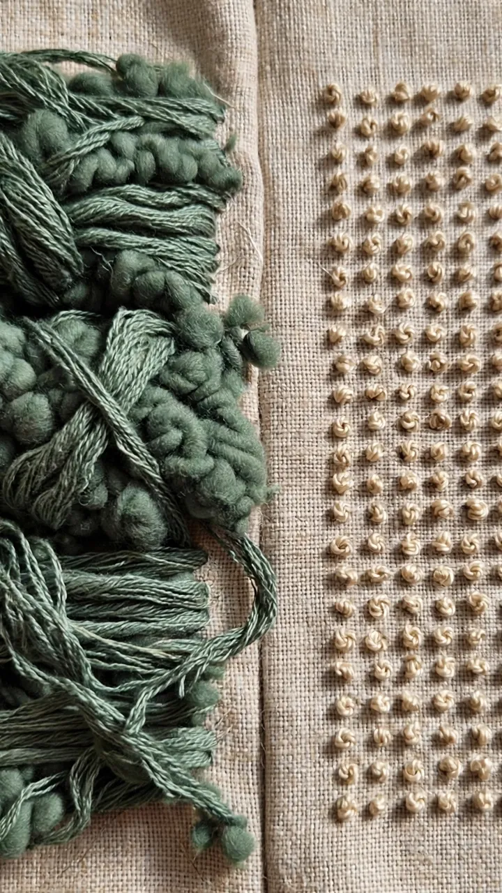 Photorealistic photo of the back of embroidered fabric showing heavy thread buildup from satin stitch next to the tidy back of a seed-stitch fill, comparison, landscape orientation, no text