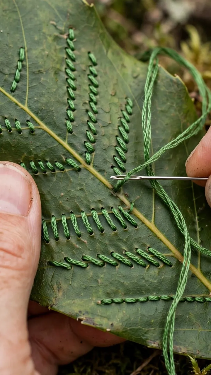 Photorealistic close-up of hands stitching long-and-short stitch rows on a large leaf in green floss, needle mid-stitch, landscape orientation, no text