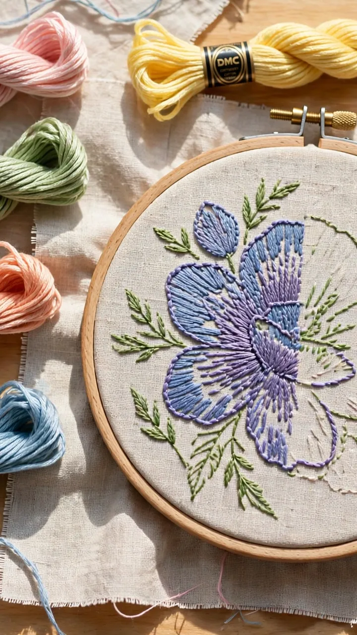 Photorealistic flat lay of DMC floss skeins, small scissors, and a half-filled large embroidered flower on a craft table, bright daylight, landscape orientation, no text