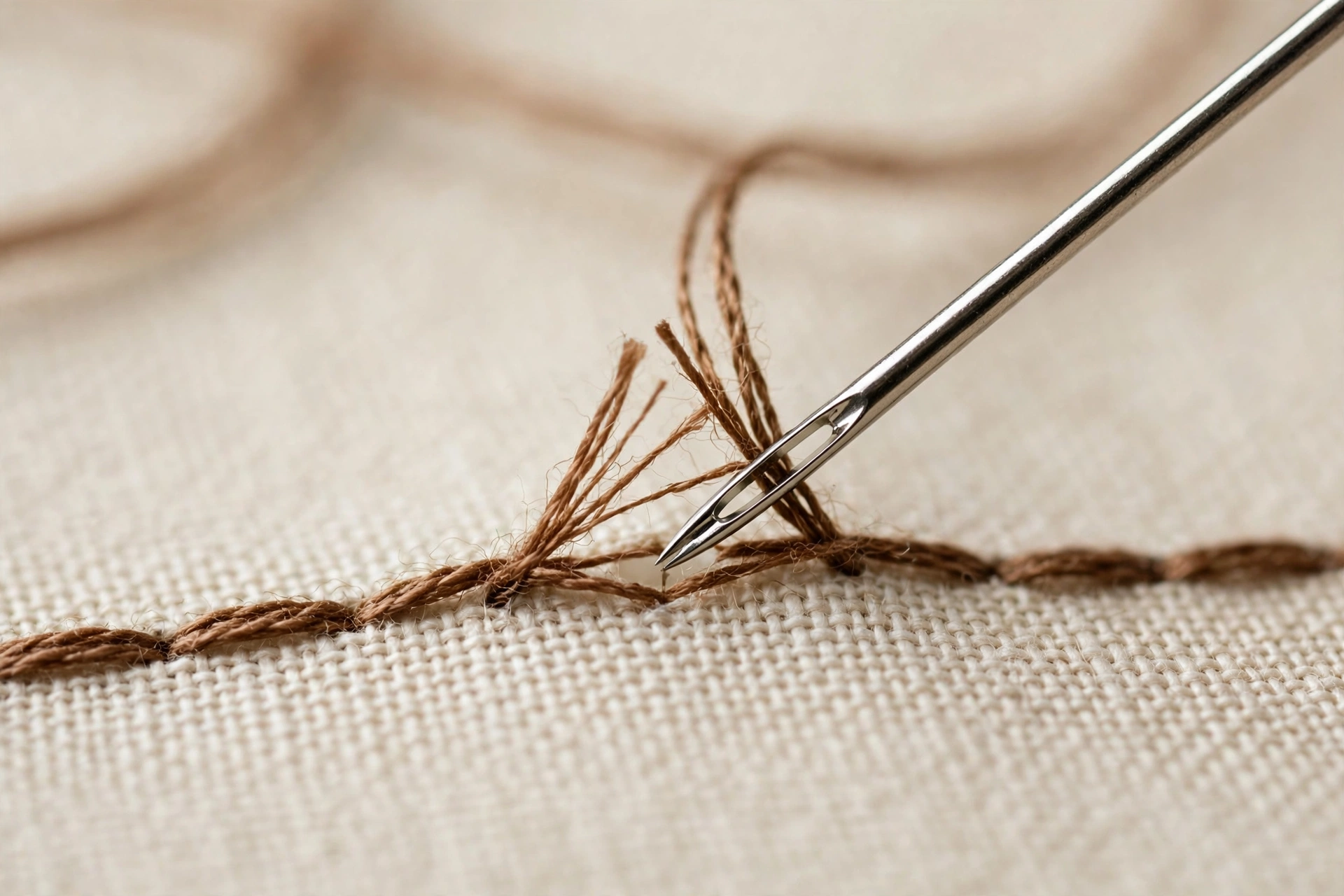Photorealistic extreme close-up of a needle splitting the previous stitch while working split stitch, brown floss on cream linen, shallow depth of field, landscape orientation, no text