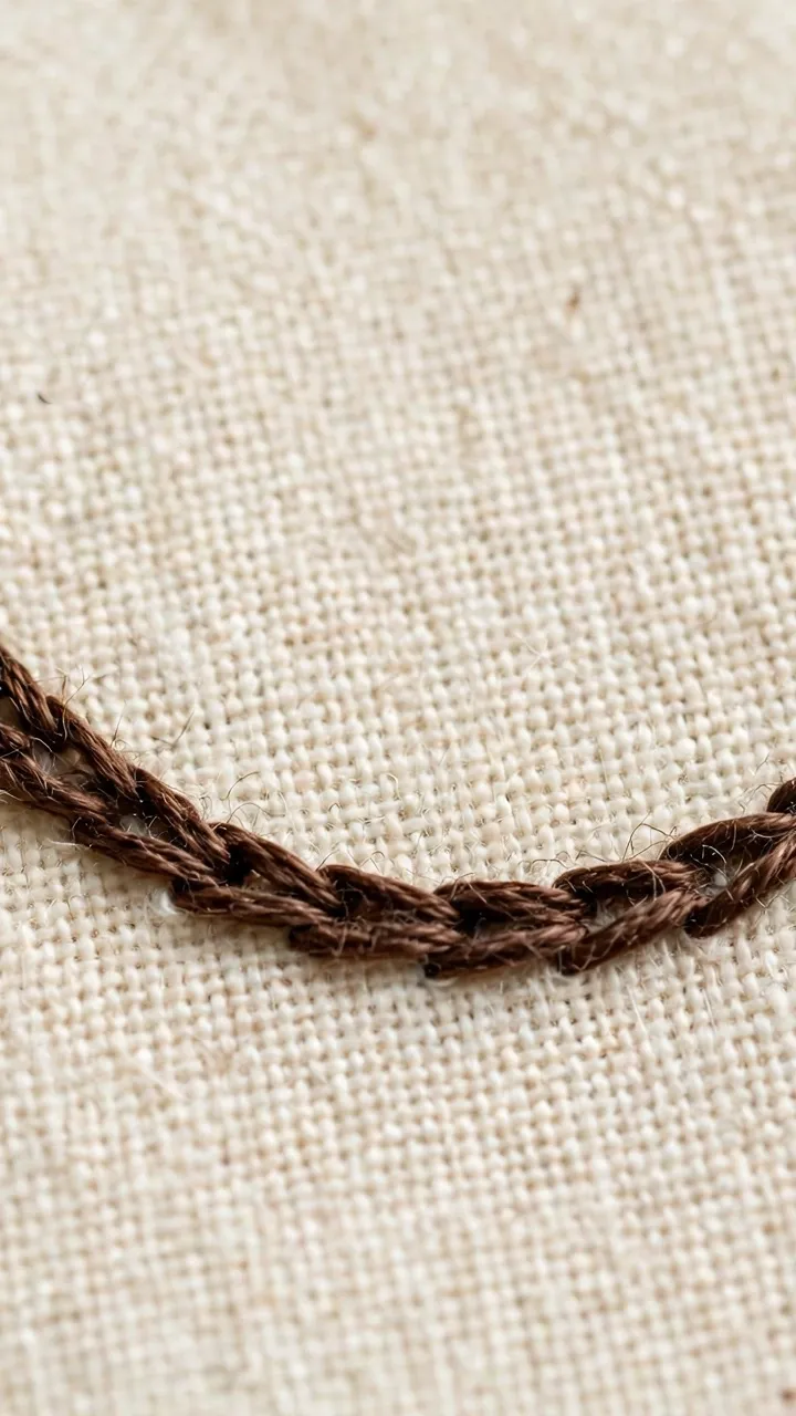 Photorealistic macro of a split-stitch outline curving like a hand-drawn ink line in dark brown floss on cream fabric, crisp detail, landscape orientation, no text
