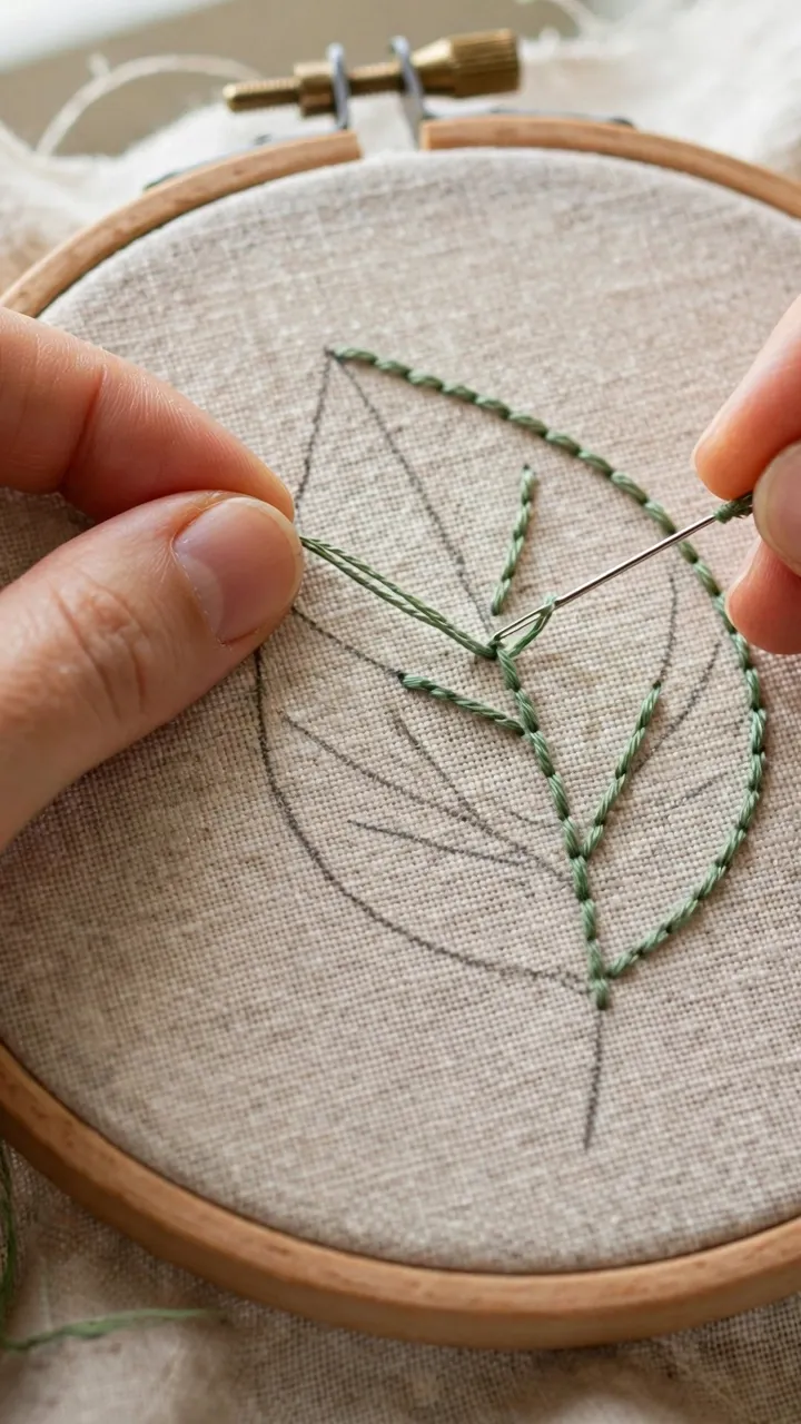 Photorealistic close-up of hands stitching a split-stitch outline around a simple leaf drawing on linen in a wooden hoop, natural light, landscape orientation, no text