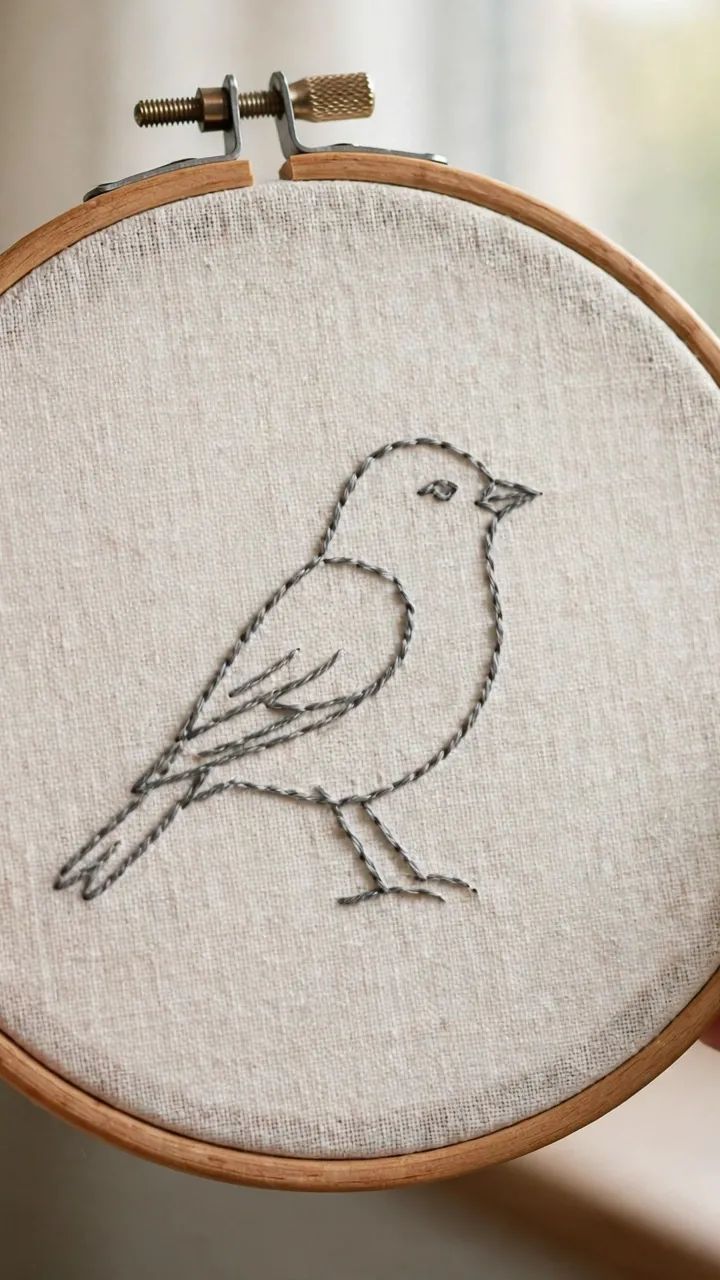 Photorealistic finished embroidery hoop showing a sketch-style bird stitched in split-stitch outlines in grey floss, minimalist, held in hands, window light, landscape orientation, no text