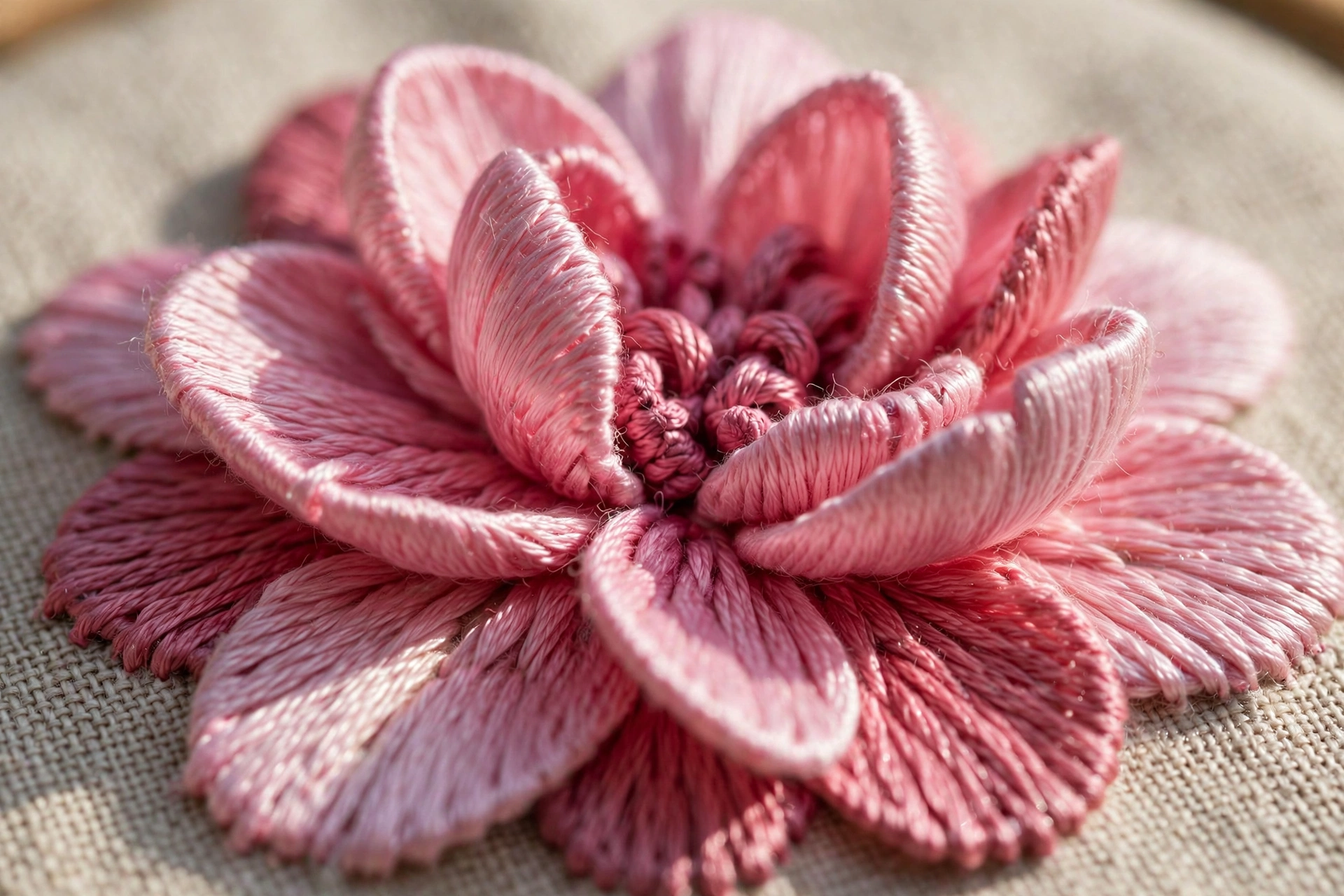Photorealistic close-up of layered satin-stitch petals building 3D dimension on an embroidered flower, pink floss, macro detail, landscape orientation, no text