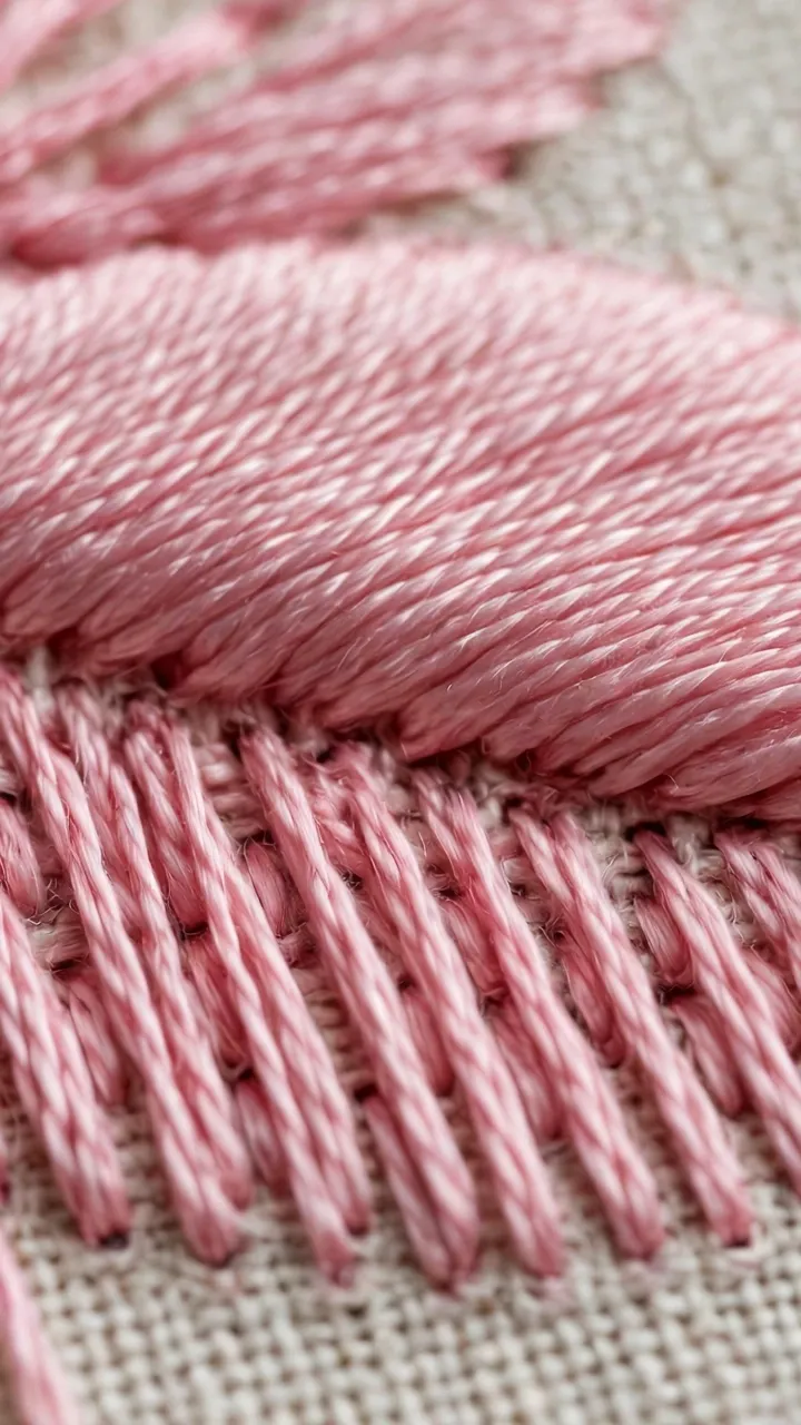 Photorealistic macro showing a padded base layer of straight stitches under smooth top satin stitches on a petal, landscape orientation, no text