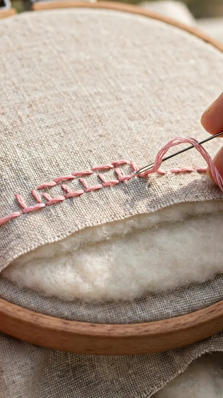 Photorealistic close-up of hands stitching a top layer of floss over a padded base on linen in a wooden hoop, needle mid-stitch, daylight, landscape orientation, no text