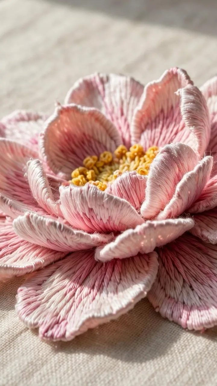 Photorealistic side-angle view of a finished 3D embroidered flower with raised layered petals casting small shadows, natural light, landscape orientation, no text