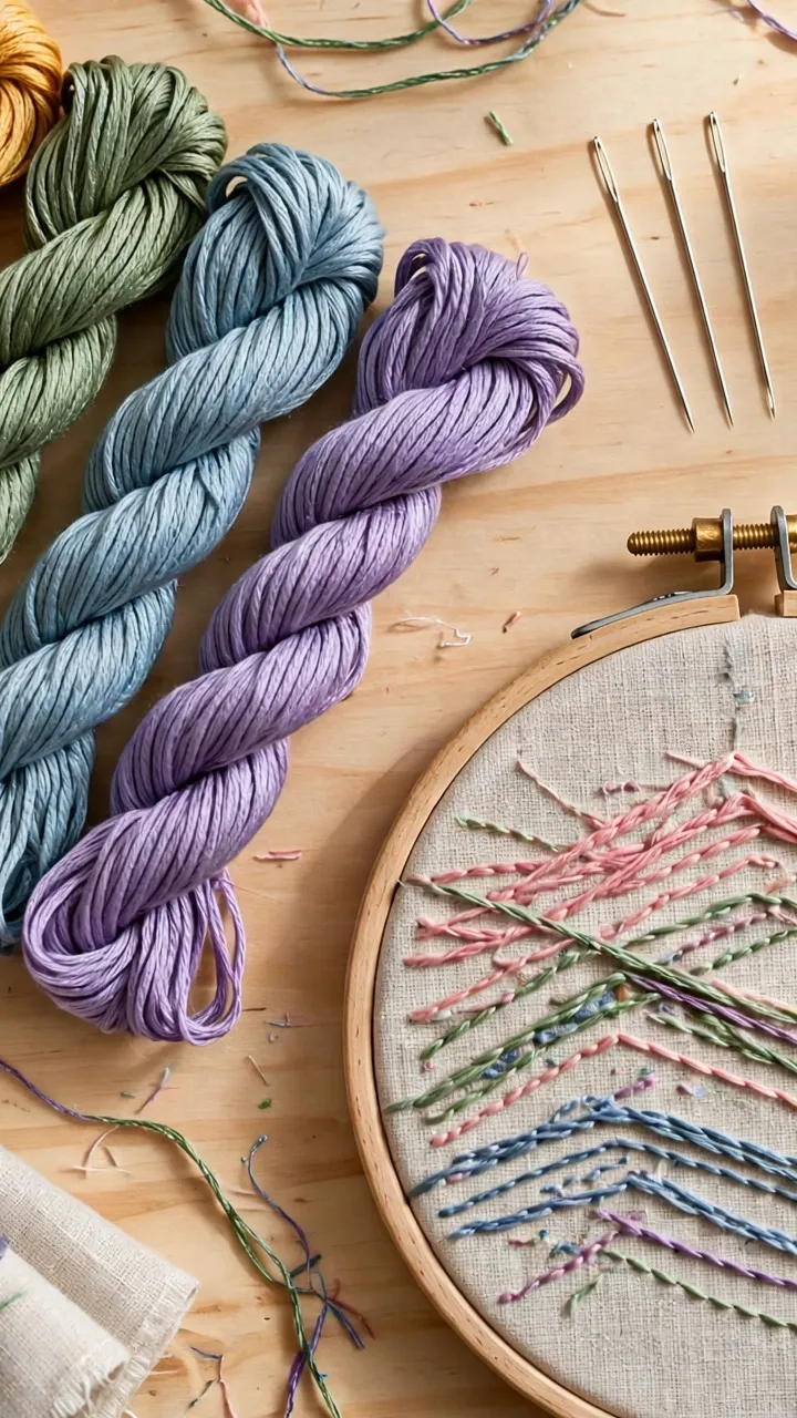 Photorealistic flat lay of tools for layered stitching: DMC floss skeins, John James needles, small scissors, wooden hoop on a craft table, bright daylight, landscape orientation, no text