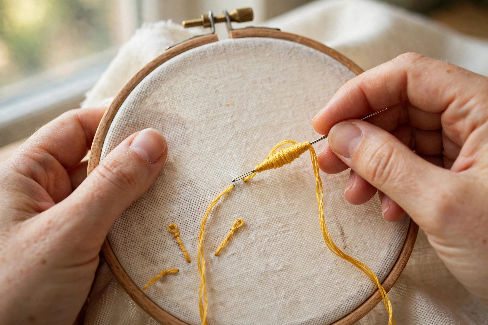 Close-up of hands stitching a pistil stitch with a single wrap of yellow embroidery floss around the needle on cream linen in a wooden hoop, natural window light, landscape orientation, no text