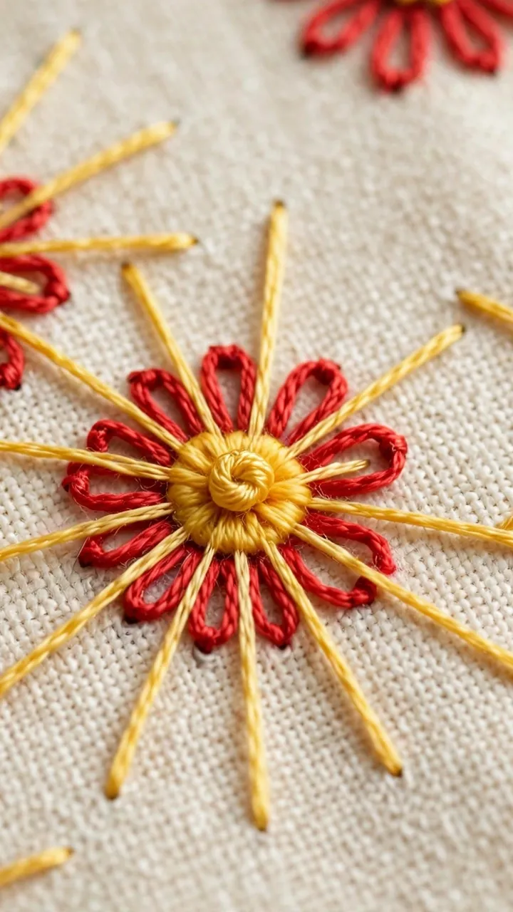 Macro of finished pistil stitch flowers with small yellow knot heads and straight radiating tails surrounded by red lazy daisy petals on cream linen, crisp detail, landscape orientation, no text