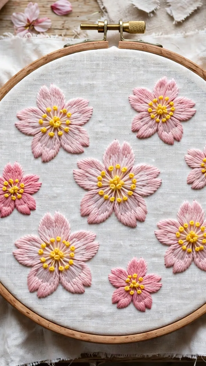 Overhead view of cherry blossom style pistil stitch flowers with pink petals and yellow stamen centers in an embroidery hoop on a craft table, daylight, landscape orientation, no text