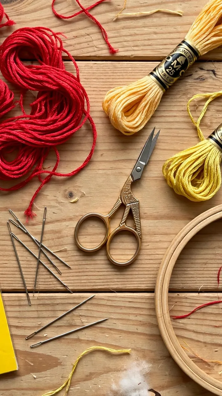 Flat lay of pistil stitch supplies: skeins of red and yellow DMC floss, John James embroidery needles, small scissors, and a 6-inch wooden hoop on a wooden table, bright daylight, landscape orientation, no text