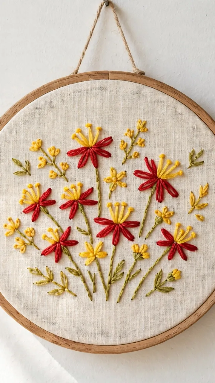Finished hoop art of pistil stitch wildflowers in red and yellow floss on cream linen hanging against a white wall, natural light, landscape orientation, no text