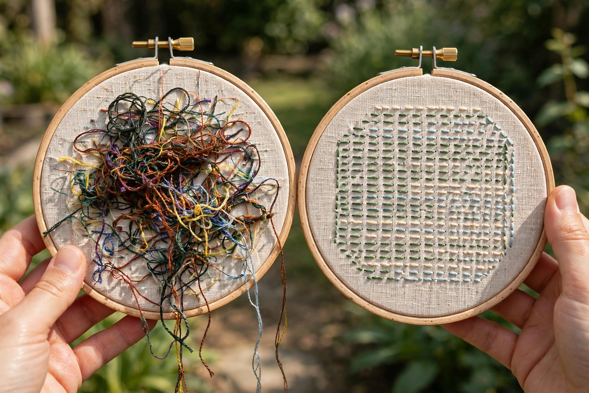 Side-by-side comparison of a messy tangled embroidery back and a tidy neat back in two wooden hoops held in hands, natural daylight, landscape orientation, no text