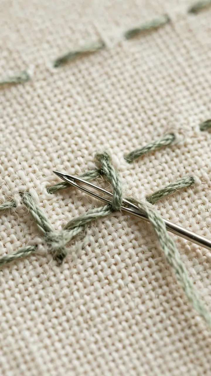 Close-up of a needle weaving a thread tail under existing backstitches on the reverse side of embroidery, cream linen, macro detail, daylight, landscape orientation, no text