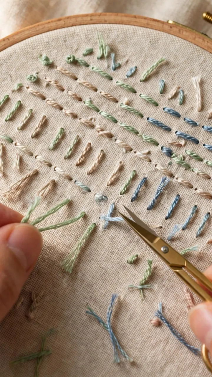 Hands trimming thread tails with small embroidery scissors on the tidy reverse of an embroidery hoop, clean back visible, natural light, landscape orientation, no text